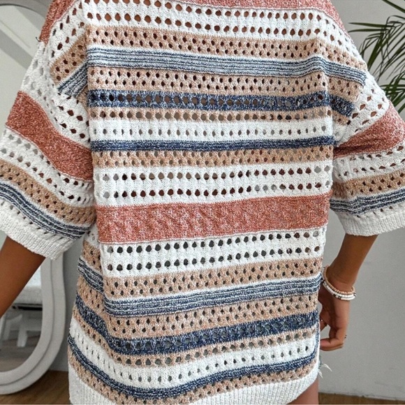 Cozy Striped Color Block V Neck Short Sleeve Top XS S M L XL - Picture 2 of 2